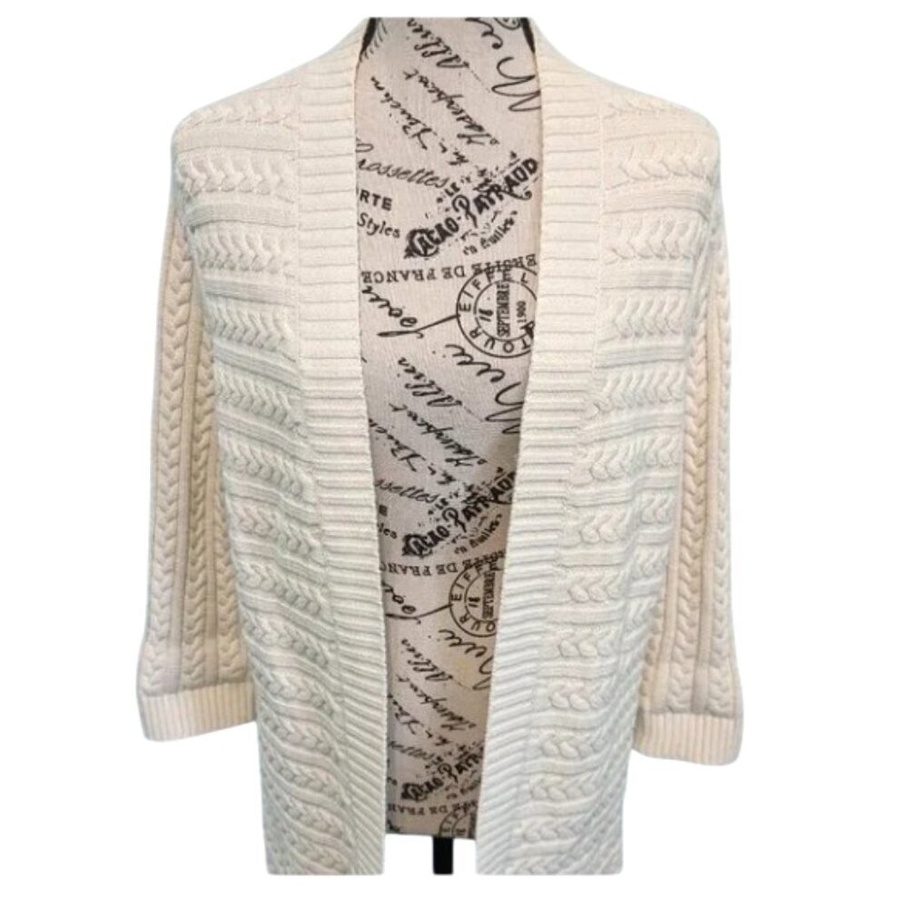 Talbots 100% Cotton Open Front Cable Knit Sweater 3/4 Sleeve Size‎ LP